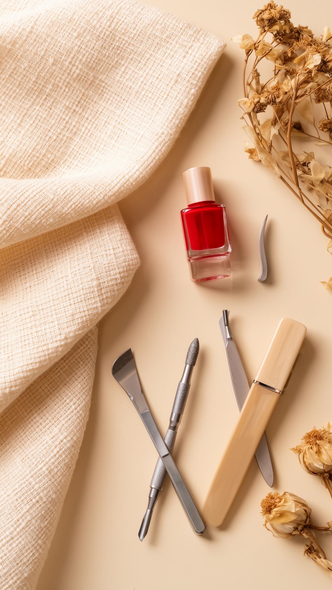 Nail polish and care tools on cream linen